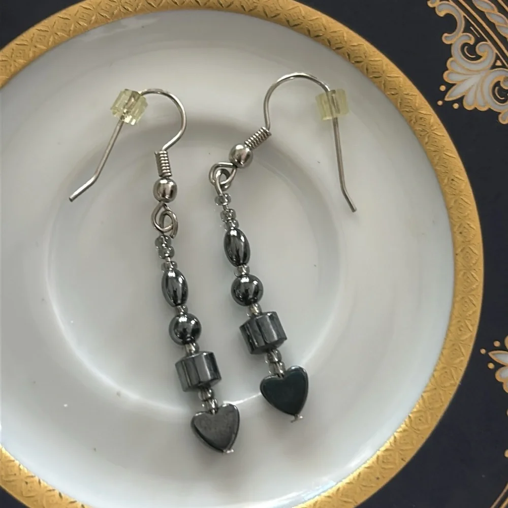 Dainty Hematite Heart Earrings